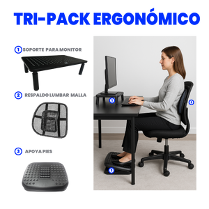 Tripack ergonómico con cojín lumbar, apoya pies y soporte para monitor. Mejora tu postura, reduce el estrés corporal y trabaja con comodidad. Ideal para oficina y home office