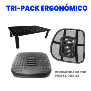 Tripack ergonómico con cojín lumbar, apoya pies y soporte para monitor. Mejora tu postura, reduce el estrés corporal y trabaja con comodidad. Ideal para oficina y home office