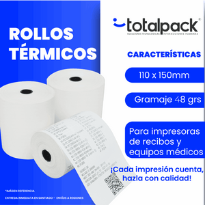 Rollo térmico 110x150 mm para impresión de etiquetas y guías. Alta calidad, impresión nítida y duradera. Ideal para tótems de autoservicio y logística.