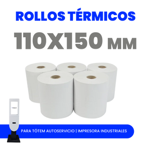 Rollo térmico 110x150 mm para impresión de etiquetas y guías. Alta calidad, impresión nítida y duradera. Ideal para tótems de autoservicio y logística.