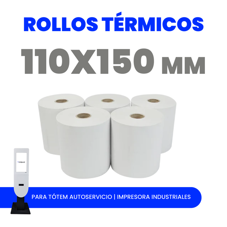 Rollo térmico 110x150 mm para impresión de etiquetas y guías. Alta calidad, impresión nítida y duradera. Ideal para tótems de autoservicio y logística.