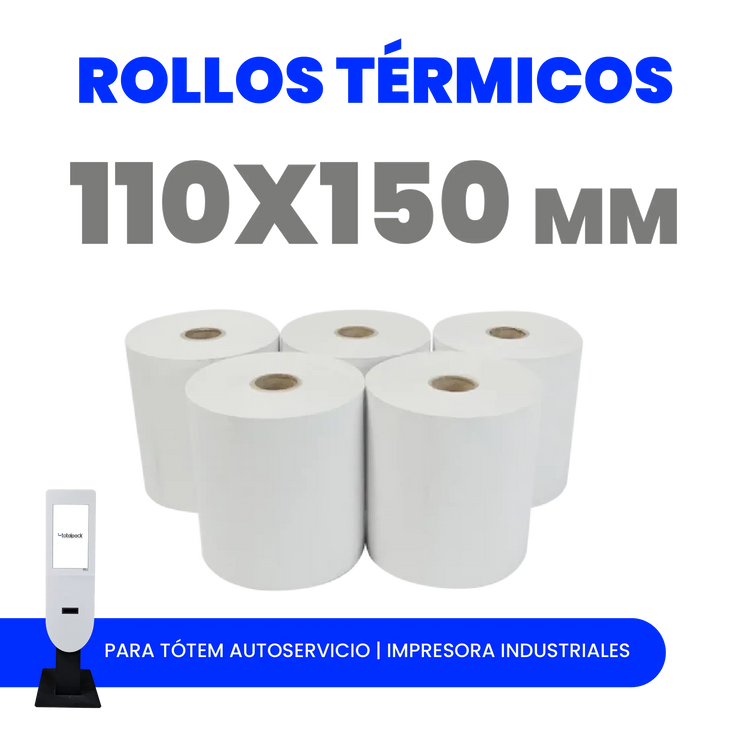 Rollo térmico 110x150 mm para impresión de etiquetas y guías. Alta calidad, impresión nítida y duradera. Ideal para tótems de autoservicio y logística.