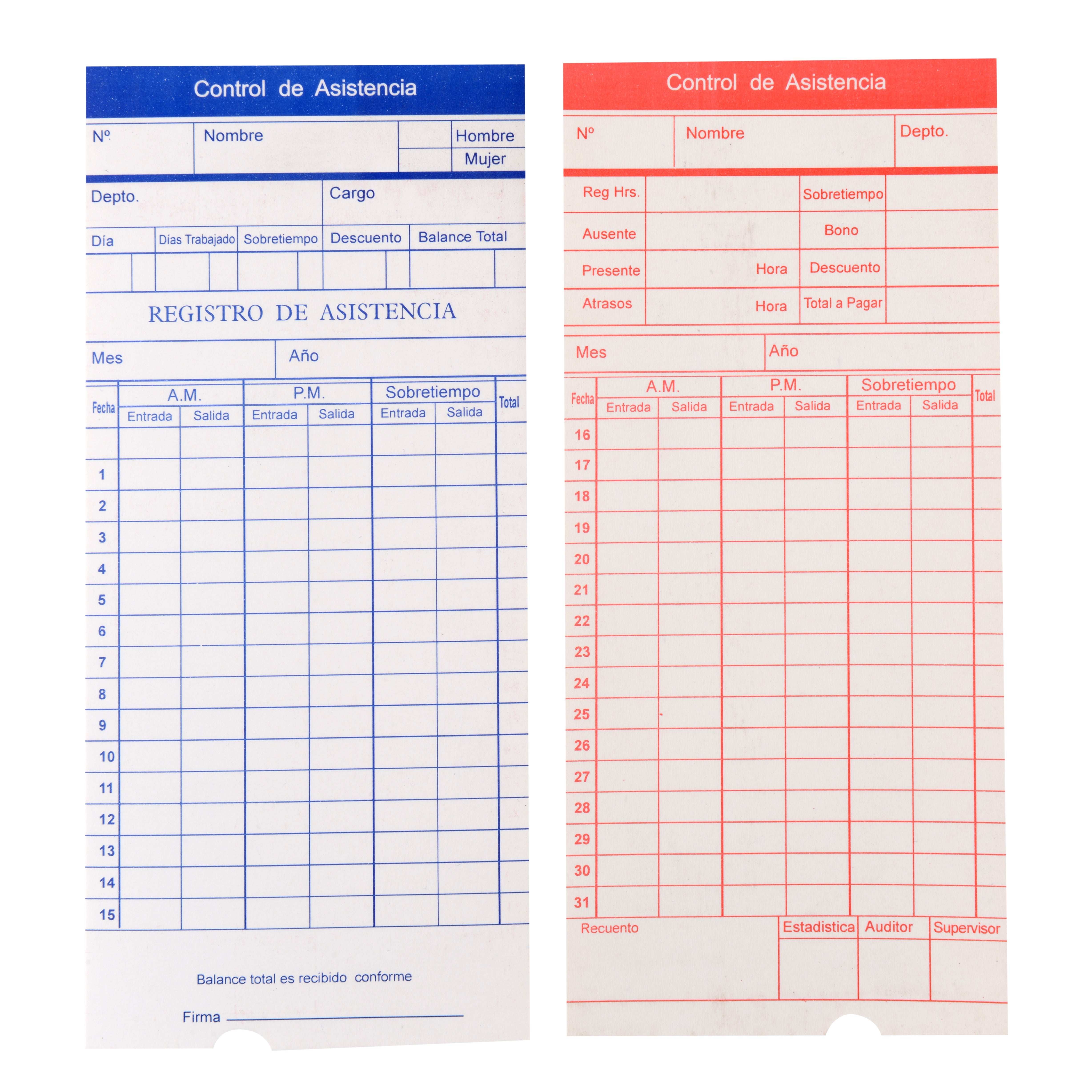 Tarjetas de asistencia troqueladas para reloj K310, paquete de 100 unidades en cartón blanco resistente, ideales para control horario laboral