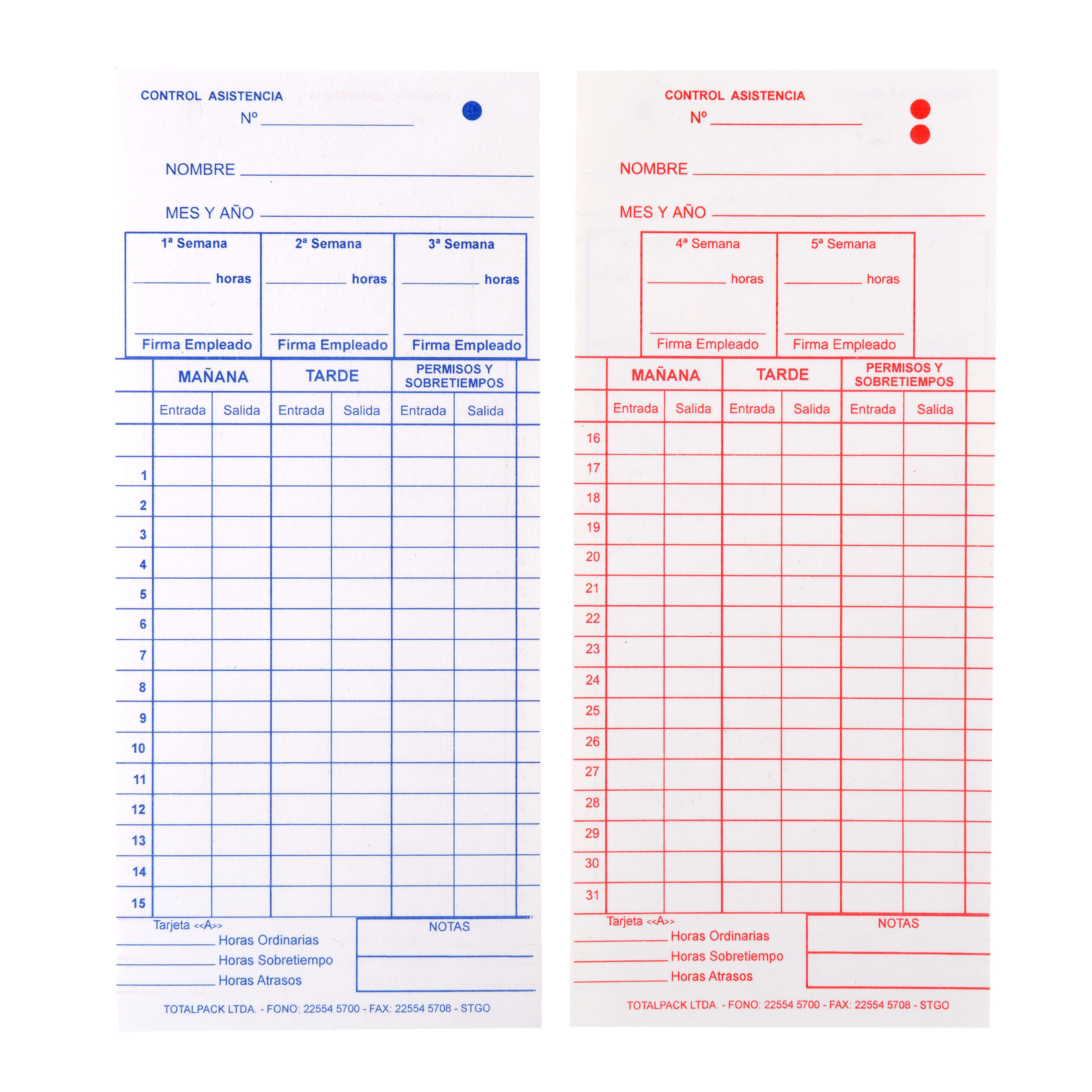 Paquete de 100 tarjetas de asistencia de cartón ET8200, formato troquelado de 19x9 cm, para control de entradas y salidas del personal