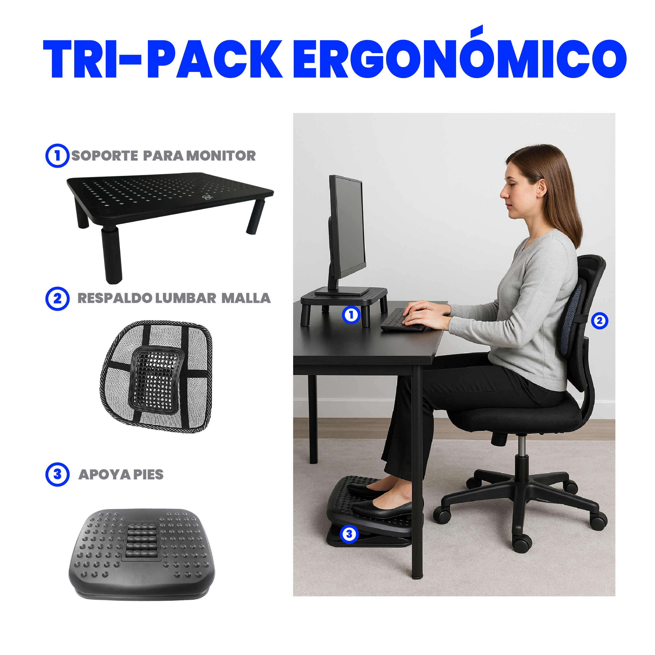 Tripack ergonómico con cojín lumbar, apoya pies y soporte para monitor. Mejora tu postura, reduce el estrés corporal y trabaja con comodidad. Ideal para oficina y home office