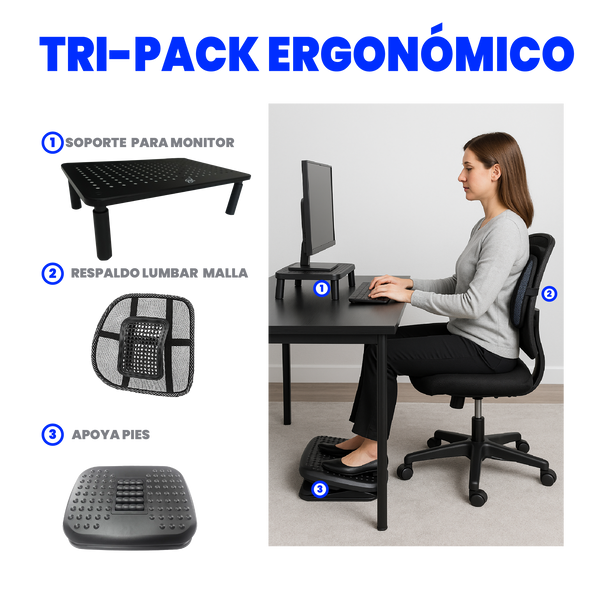 Tripack ergonómico con cojín lumbar, apoya pies y soporte para monitor. Mejora tu postura, reduce el estrés corporal y trabaja con comodidad. Ideal para oficina y home office