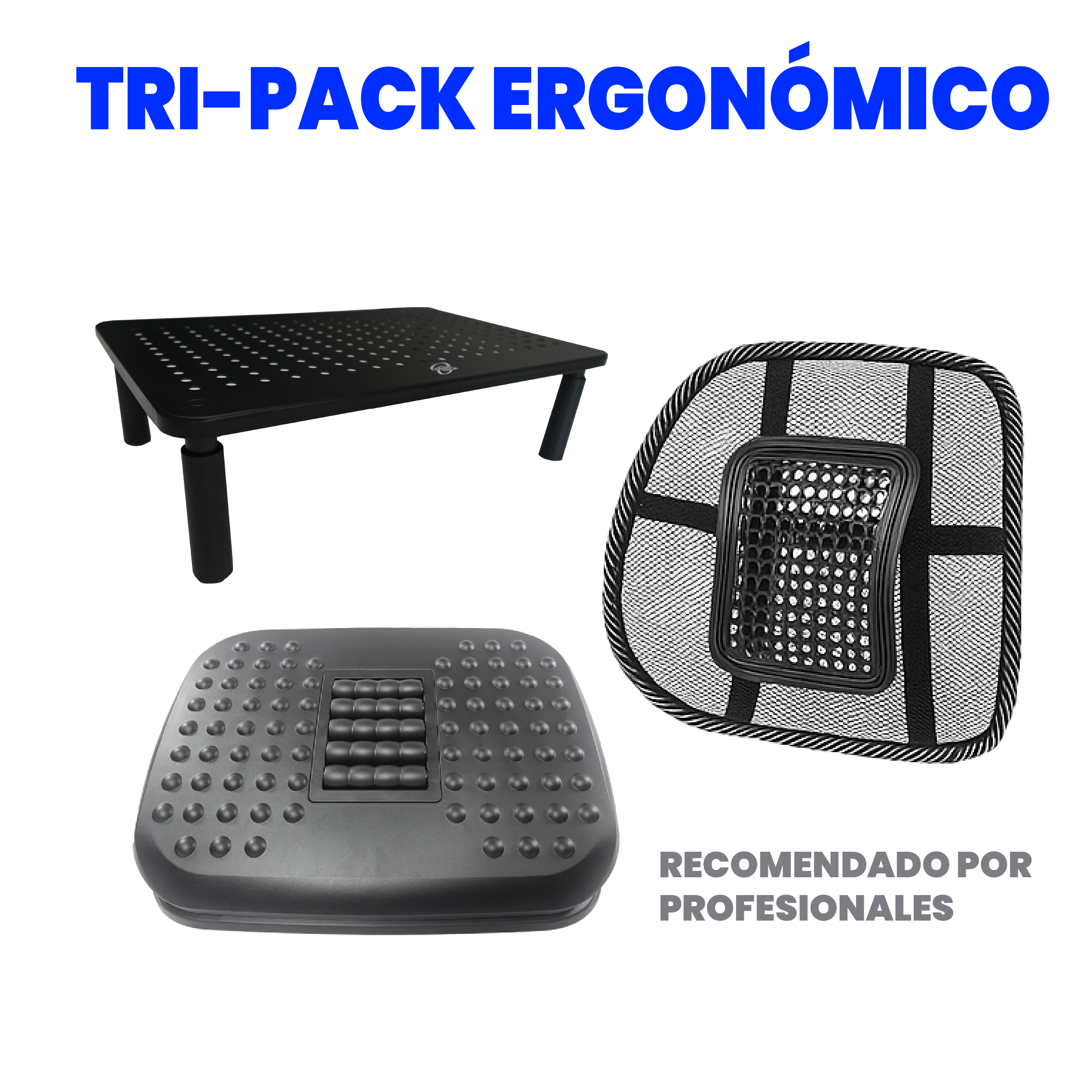 Tripack ergonómico con cojín lumbar, apoya pies y soporte para monitor. Mejora tu postura, reduce el estrés corporal y trabaja con comodidad. Ideal para oficina y home office
