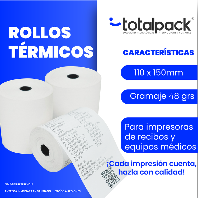 Rollo térmico 110x150 mm para impresión de etiquetas y guías. Alta calidad, impresión nítida y duradera. Ideal para tótems de autoservicio y logística.